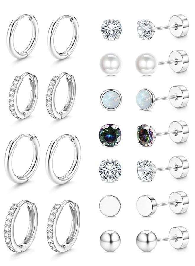 YSR VEF 11Pairs Hypoallergenic Stud Hoop Earrings for Women Small Flat Back Surgical Stainless Steel Earrings for Sensitive Ears Trendy Silver Hoops Cartilage Earring Stacks Set Multiple Piercing Jewelry Gifts - Image 1